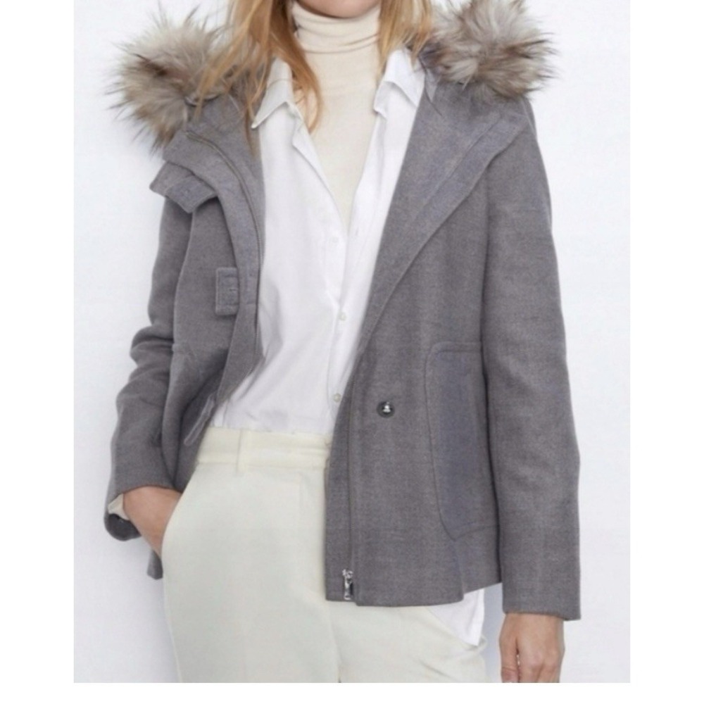 ZARA Women's  Pea Coat With hooded Detachable Faux fur size L Gray
